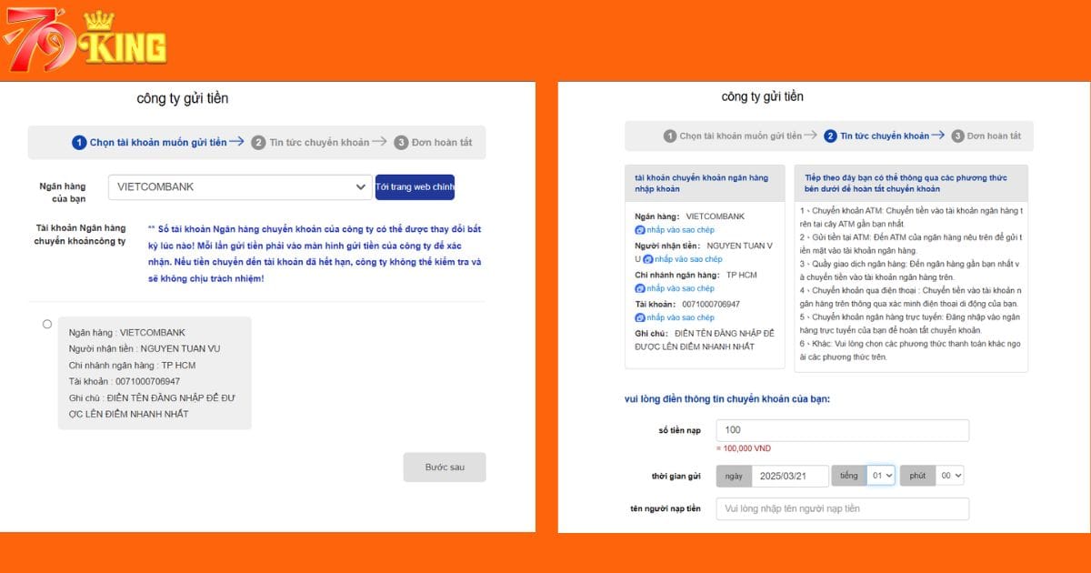 Người chơi được 79KING hướng dẫn nạp tiền chi tiết từng bước